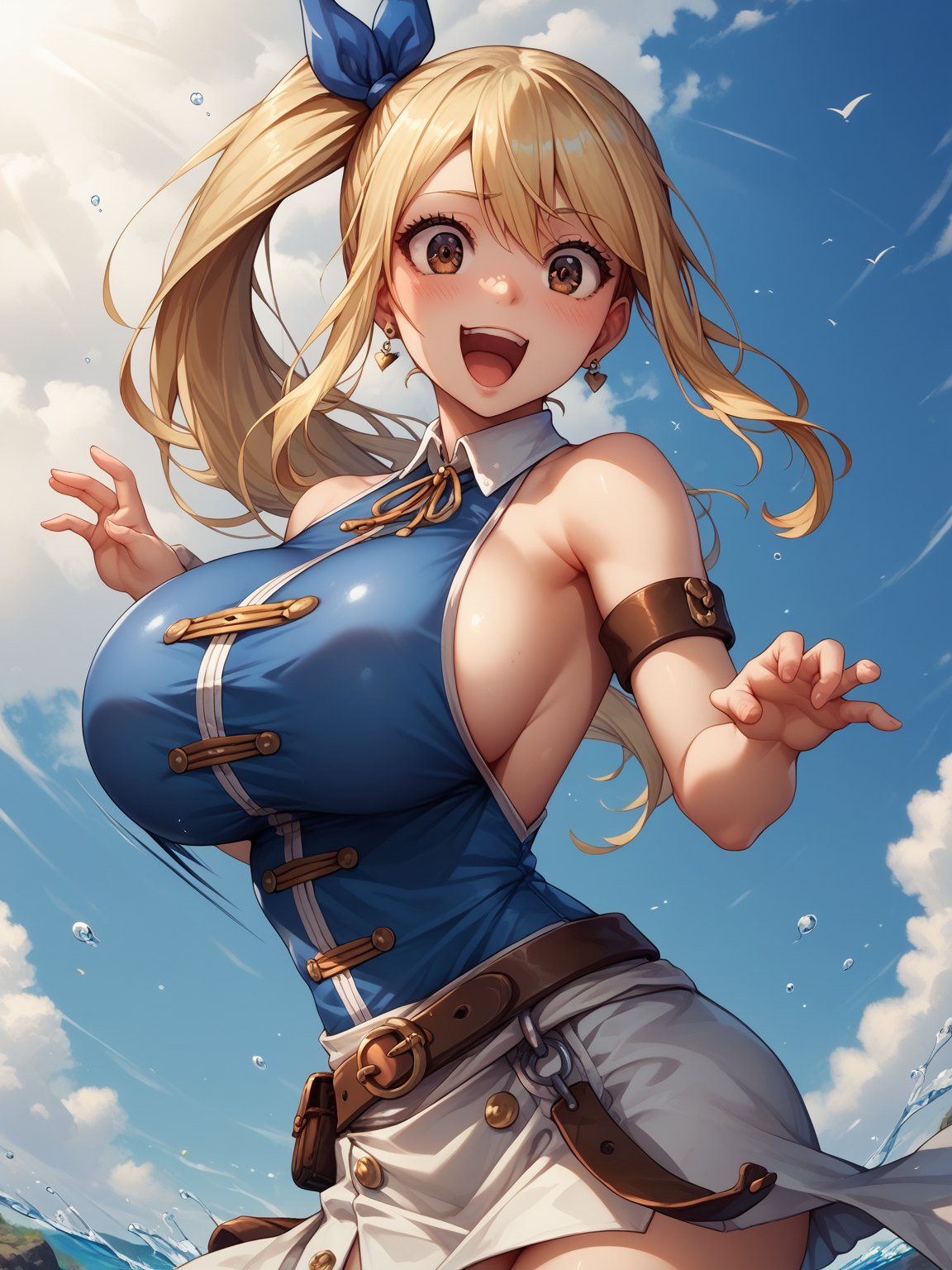 score_9, score_8_up, score_7_up, score_6_up, score_5_up, score_4_up, source_anime, detailed eyes, beautiful eyes,   <lora:Lucy_Heartfilia:1> LucyHeartfilia, blonde hair, brown eyes, huge breasts, hand tattoo, tattoo on back of hand, pink tattoo, FrontOutfit, long hair, side ponytail, blue ribbon, large breasts, sideboob, earrings, brown leather thigh boots, blue shirt, sleeveless shirt, white skirt, leather belt, belt pounch, single detached leather sleeve, breasts squeezed together, skindentation, intrigued, excited, panting, bouncing breasts, looking at own breasts, jumping,