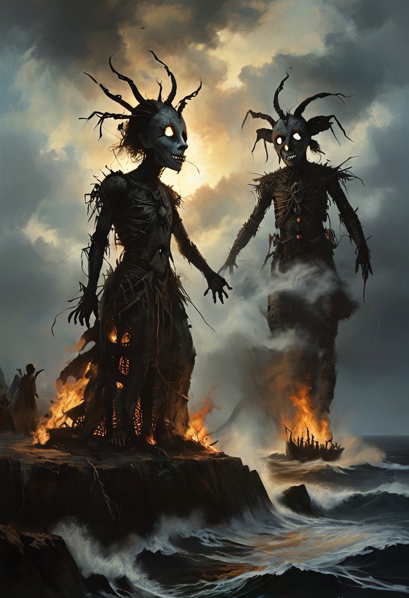DonMn1ghtm4reXL, stephen gammell (artist), chiaroscuro, low-key,  great lighting, corcoc3s, c3s,(Folk rural horror:1.5), (isolated island community:1.3), (massive wicker man structure:1.5), (twilight scene on coastal cliff:1.2), (jubilant villagers dancing:1.4), (pagan ritual atmosphere:1.3), (protagonist trapped inside wicker man:1.4), (terrified expression visible through gaps:1.3), (flickering torches illuminating scene:1.2), (ominous bonfire preparations:1.3), (traditional folk costumes with unsettling masks:1.4), (contrast between festive mood and impending doom:1.5), (Celtic-inspired designs on wicker man:1.2), (stormy sea in background:1.1), oil painting technique, hyper-detailed, 8k resolution, unsettling warm light from flames, (sense of inescapable fate:1.3), (blurred line between celebration and cruelty:1.4), photorealistic textures, (oppressive inevitability:1.3), (implicit threat in joyful faces:1.4), (foreboding atmosphere despite festivities:1.5)