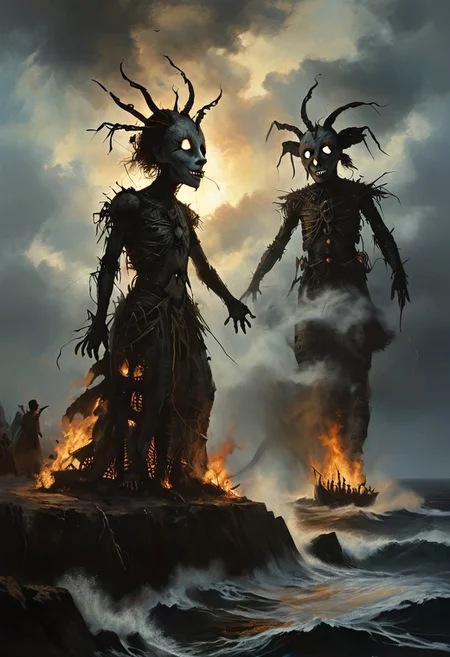 DonMn1ghtm4reXL, stephen gammell (artist), chiaroscuro, low-key, great lighting, corcoc3s, c3s,(Folk rural horror:1.5), (isolated island community:1.3), (massive wicker man structure:1.5), (twilight scene on coastal cliff:1.2), (jubilant villagers dancing:1.4), (pagan ritual atmosphere:1.3), (protagonist trapped inside wicker man:1.4), (terrified expression visible through gaps:1.3), (flickering torches illuminating scene:1.2), (ominous bonfire preparations:1.3), (traditional folk costumes with unsettling masks:1.4), (contrast between festive mood and impending doom:1.5), (Celtic-inspired designs on wicker man:1.2), (stormy sea in background:1.1), oil painting technique, hyper-detailed, 8k resolution, unsettling warm light from flames, (sense of inescapable fate:1.3), (blurred line between celebration and cruelty:1.4), photorealistic textures, (oppressive inevitability:1.3), (implicit threat in joyful faces:1.4), (foreboding atmosphere despite festivities:1.5)