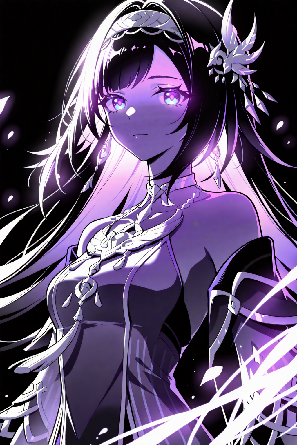 1girl,general,
solo,upper body,glowing,
<lora:lanyan-noob-Tanger:0.8>,
Lan Yan \(Genshin Impact\),clothes: Lan Yan def derss,Silver hair ornament,white hairband,1girl,black hair,very long hair,dress,blue eyes,
looking at viewer,glowing eyes,purple eyes,
purple theme,monochrome,
black background,simple background,
best quality,very awa,highres,newest,<lora:ponyv6_noobV1_2_adamW-000017:0.8>,