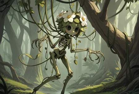masterpiece, best quality, amazing quality, very aesthetic, absurdres, newest, mystical_forest, midjourneyv6.1, aid291, Human_rib cage, Flower head, Skeletal hands, claw hands, vines_interwoven, vine legs,