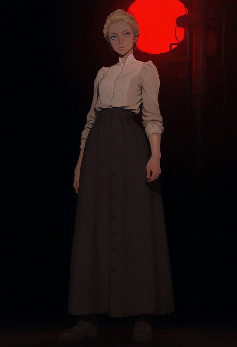 score_9, score_8_up, score_7_up, source_anime, solo, 1girl,
annie_bowyer, light skin, blue eyes, gibson girl updo hairstyle, blonde hair, loose strands, 
red light background, dark room silhouette background, cowboy shot, full body, low angle, laboratory, red light, red background, 