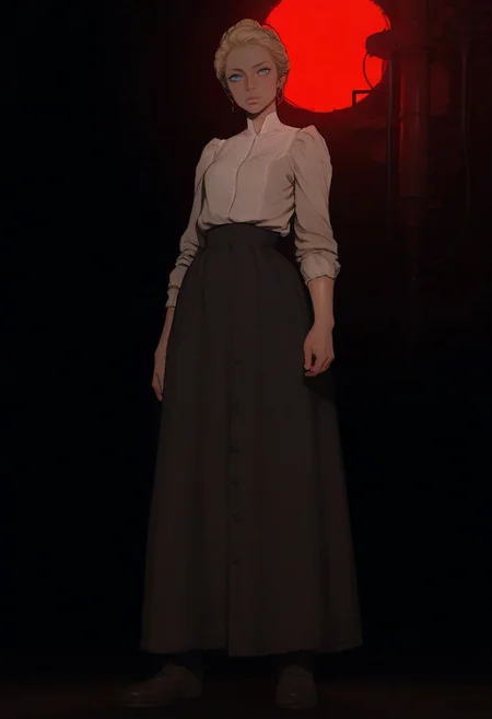 score_9, score_8_up, score_7_up, source_anime, solo, 1girl,
annie_bowyer, light skin, blue eyes, gibson girl updo hairstyle, blonde hair, loose strands,
red light background, dark room silhouette background, cowboy shot, full body, low angle, laboratory, red light, red background,