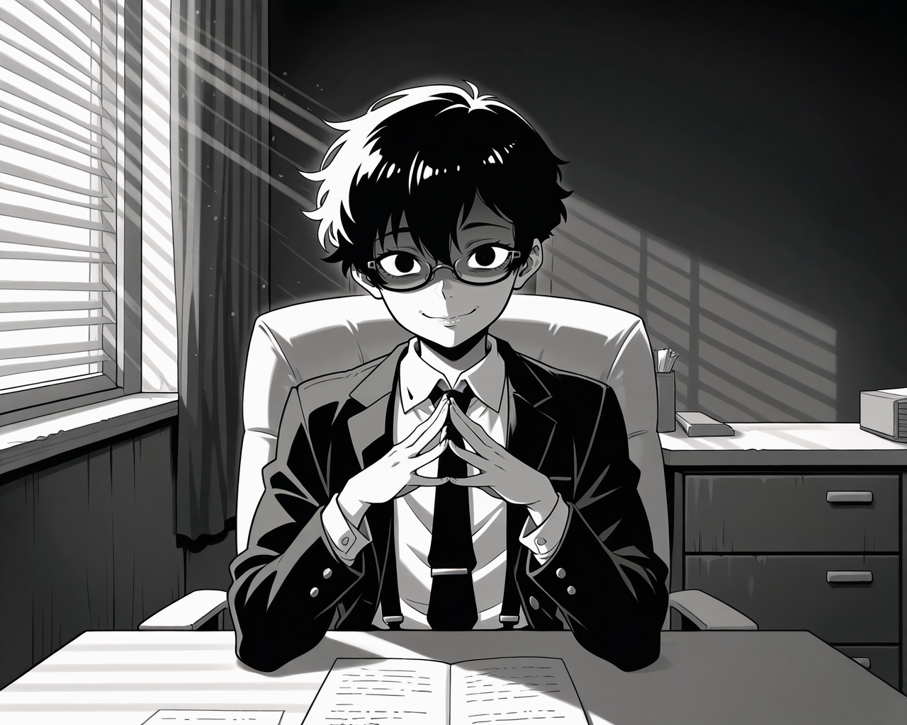 IllustriousQual_1017896, detailed face, detailed body, greyscale, scenery, venetian lighting, light rays, steepled fingers, own hands clasped, 1boy, solo, otoko no ko, tonned, doomerboy, black hair, black eyes, very short hair, pixie cut, hair between eyes, kubrick stare, crazy, evil smile, shaded face, crazy eyes, looking at viewer, facing viewer, blazer, white stripped collared shirt, long sleeves, black necktie, tie clip, black suspenders, office armchair, semi-rimless eyewear, sitting, on armchair, at table shaded face, work desk, dark room, indoors, office, cabinet,  <lora:StS-Illustrious-Detail-Slider-v1.0:5><lora:hand 5.5_903007:0.9><lora:StS_Age_Slider_Illustrious_v1:3><lora:Doomerboy:1><lora:il_brightness_slider_d1_1133126:-2><lora:VenetianLightingILL:1>