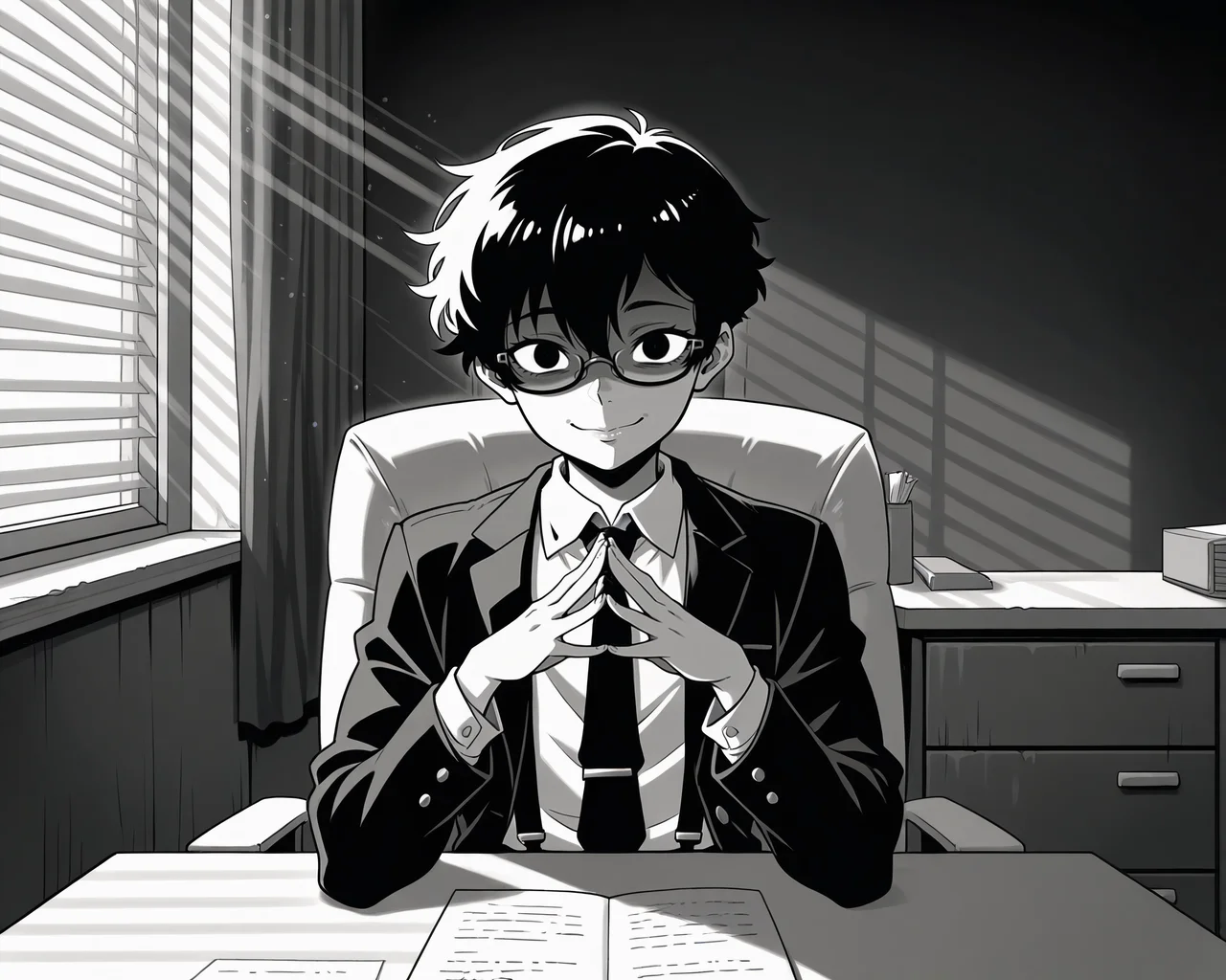 IllustriousQual_1017896, detailed face, detailed body, greyscale, scenery, venetian lighting, light rays, steepled fingers, own hands clasped, 1boy, solo, otoko no ko, tonned, doomerboy, black hair, black eyes, very short hair, pixie cut, hair between eyes, kubrick stare, crazy, evil smile, shaded face, crazy eyes, looking at viewer, facing viewer, blazer, white stripped collared shirt, long sleeves, black necktie, tie clip, black suspenders, office armchair, semi-rimless eyewear, sitting, on armchair, at table shaded face, work desk, dark room, indoors, office, cabinet, <lora:StS-Illustrious-Detail-Slider-v1.0:5><lora:hand 5.5_903007:0.9><lora:StS_Age_Slider_Illustrious_v1:3><lora:Doomerboy:1><lora:il_brightness_slider_d1_1133126:-2><lora:VenetianLightingILL:1>