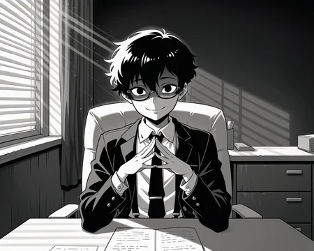 IllustriousQual_1017896, detailed face, detailed body, greyscale, scenery, venetian lighting, light rays, steepled fingers, own hands clasped, 1boy, solo, otoko no ko, tonned, doomerboy, black hair, black eyes, very short hair, pixie cut, hair between eyes, kubrick stare, crazy, evil smile, shaded face, crazy eyes, looking at viewer, facing viewer, blazer, white stripped collared shirt, long sleeves, black necktie, tie clip, black suspenders, office armchair, semi-rimless eyewear, sitting, on armchair, at table shaded face, work desk, dark room, indoors, office, cabinet,  <lora:StS-Illustrious-Detail-Slider-v1.0:5><lora:hand 5.5_903007:0.9><lora:StS_Age_Slider_Illustrious_v1:3><lora:Doomerboy:1><lora:il_brightness_slider_d1_1133126:-2><lora:VenetianLightingILL:1>