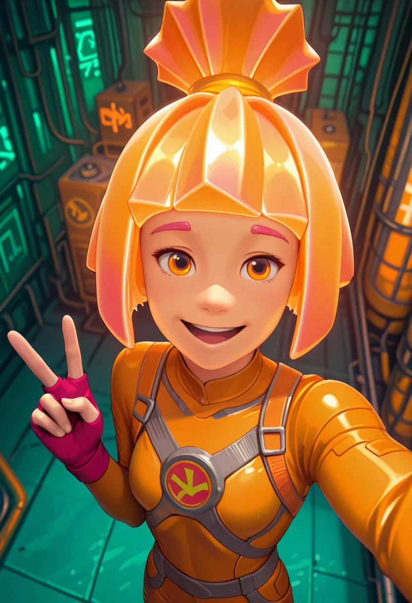 Graphic Design, color art, vibrant colors, colorful, intricate details, high contrast, detailed background, beautiful detailed, beautiful face, detailed eyes, detailed face, new, newest, 1girl, solo, s1mk4, orange hair, topknot, bob cut, orange eyes, bodysuit, fingerless glowes, orange bodysuit, happy, smile, open mouth, selfie, v sign, perspective, high angle, factory, upper body, (masterpiece, best quality, newest, recent, absurdres),