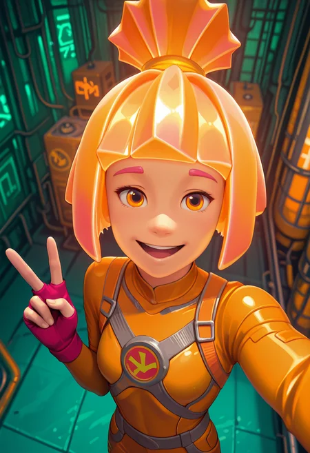 Graphic Design, color art, vibrant colors, colorful, intricate details, high contrast, detailed background, beautiful detailed, beautiful face, detailed eyes, detailed face, new, newest, 1girl, solo, s1mk4, orange hair, topknot, bob cut, orange eyes, bodysuit, fingerless glowes, orange bodysuit, happy, smile, open mouth, selfie, v sign, perspective, high angle, factory, upper body, (masterpiece, best quality, newest, recent, absurdres),