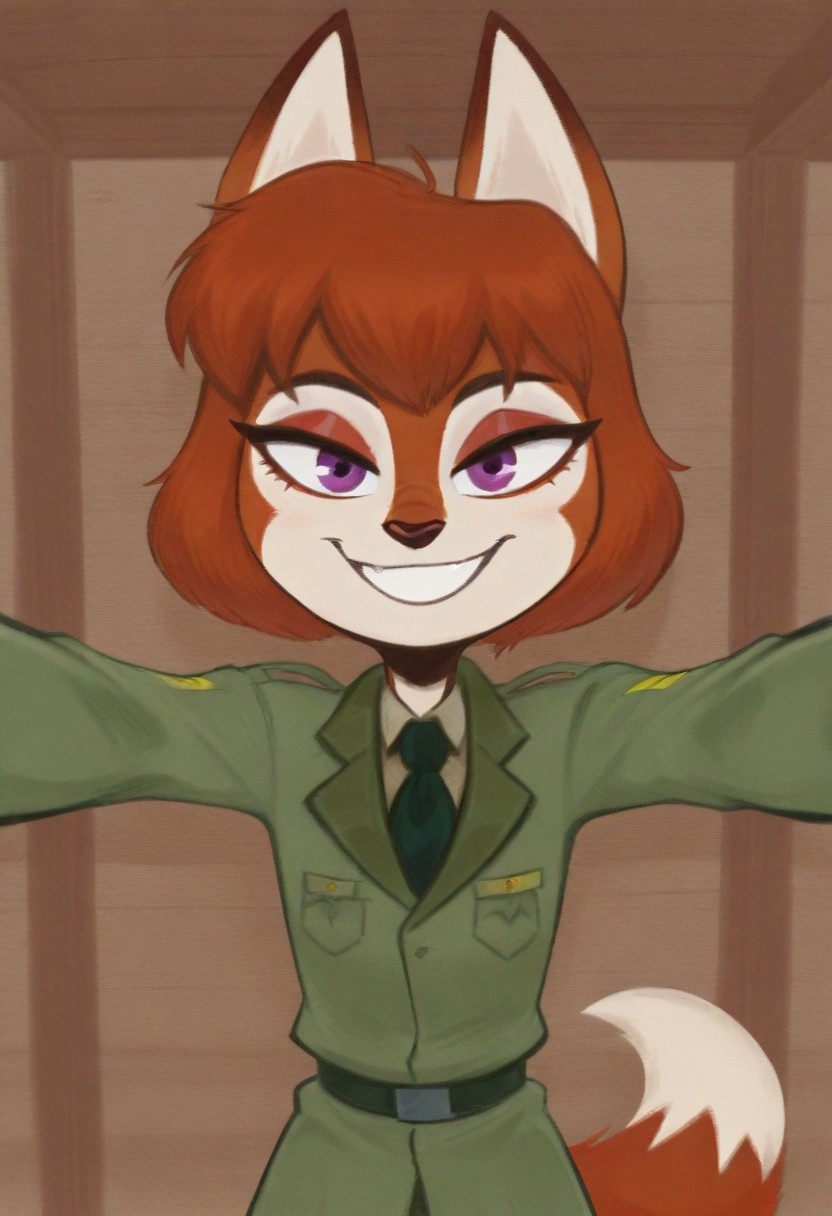 masterpiece, best quality, absurdres,  amazing quality, BREAK, militaray barracks, bunk beds, BREAK, 1girl,  (Mouritzeen), (female, anthro, fox, purple eyes, red fur, white face, expressive eyebrows), (military uniform, olive green jacket, retro military style), BREAK, looking at viewer, smile, grin, (kabedon on viewer), BREAK, extremely detailed, nsfw