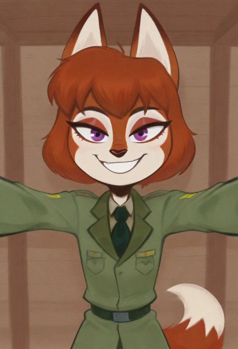 masterpiece, best quality, absurdres, amazing quality, BREAK, militaray barracks, bunk beds, BREAK, 1girl, (Mouritzeen), (female, anthro, fox, purple eyes, red fur, white face, expressive eyebrows), (military uniform, olive green jacket, retro military style), BREAK, looking at viewer, smile, grin, (kabedon on viewer), BREAK, extremely detailed, nsfw