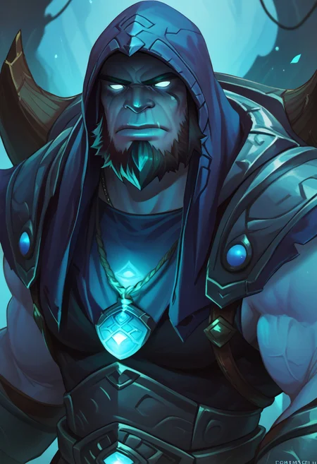 score_9_up, score_8_up, score_7_up, solo, 1boy, lol_yorick, muscular, blue skin, glow blue sclera, beard, hood, necklace, chest armor, portrait,