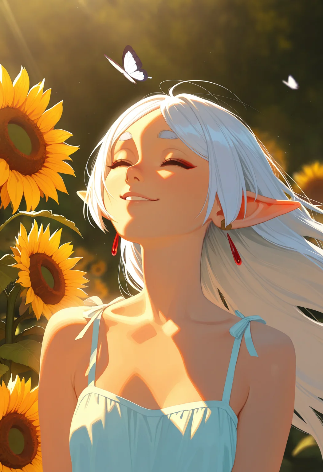 HDR,8K,high contrast,masterpiece,best quality,amazing quality,very aesthetic,realistic,newest,(artist:incase:0.1),(flat colors:1),sunlight,light,shadow,
close up,1girl,solo sexy woman,white hair,bangs,Frieren,eyeliner,perfect face,elegant,refined,small breasts,colorful sundress,shy smile,dynamic pose,volumetric lighting,cinematic lighting,outdoors,festival,nature,blooming,sunflower,wind,spring,beautiful lighting,warm sunshine,adult,mature,hime-cut,butterflies,looking up in sun,closed eyes,enjoying sunlight,very awa,masterpiece,highres,absurdres,Flatline,Flat vector illustration,no lineart,no outline,