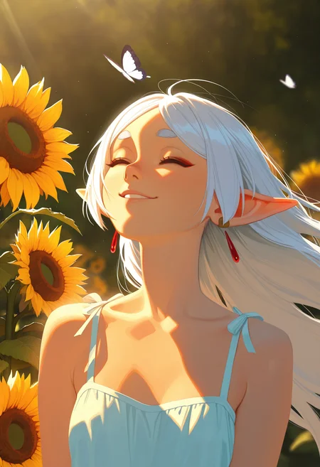 HDR,8K,high contrast,masterpiece,best quality,amazing quality,very aesthetic,realistic,newest,(artist:incase:0.1),(flat colors:1),sunlight,light,shadow,
close up,1girl,solo sexy woman,white hair,bangs,Frieren,eyeliner,perfect face,elegant,refined,small breasts,colorful sundress,shy smile,dynamic pose,volumetric lighting,cinematic lighting,outdoors,festival,nature,blooming,sunflower,wind,spring,beautiful lighting,warm sunshine,adult,mature,hime-cut,butterflies,looking up in sun,closed eyes,enjoying sunlight,very awa,masterpiece,highres,absurdres,Flatline,Flat vector illustration,no lineart,no outline,