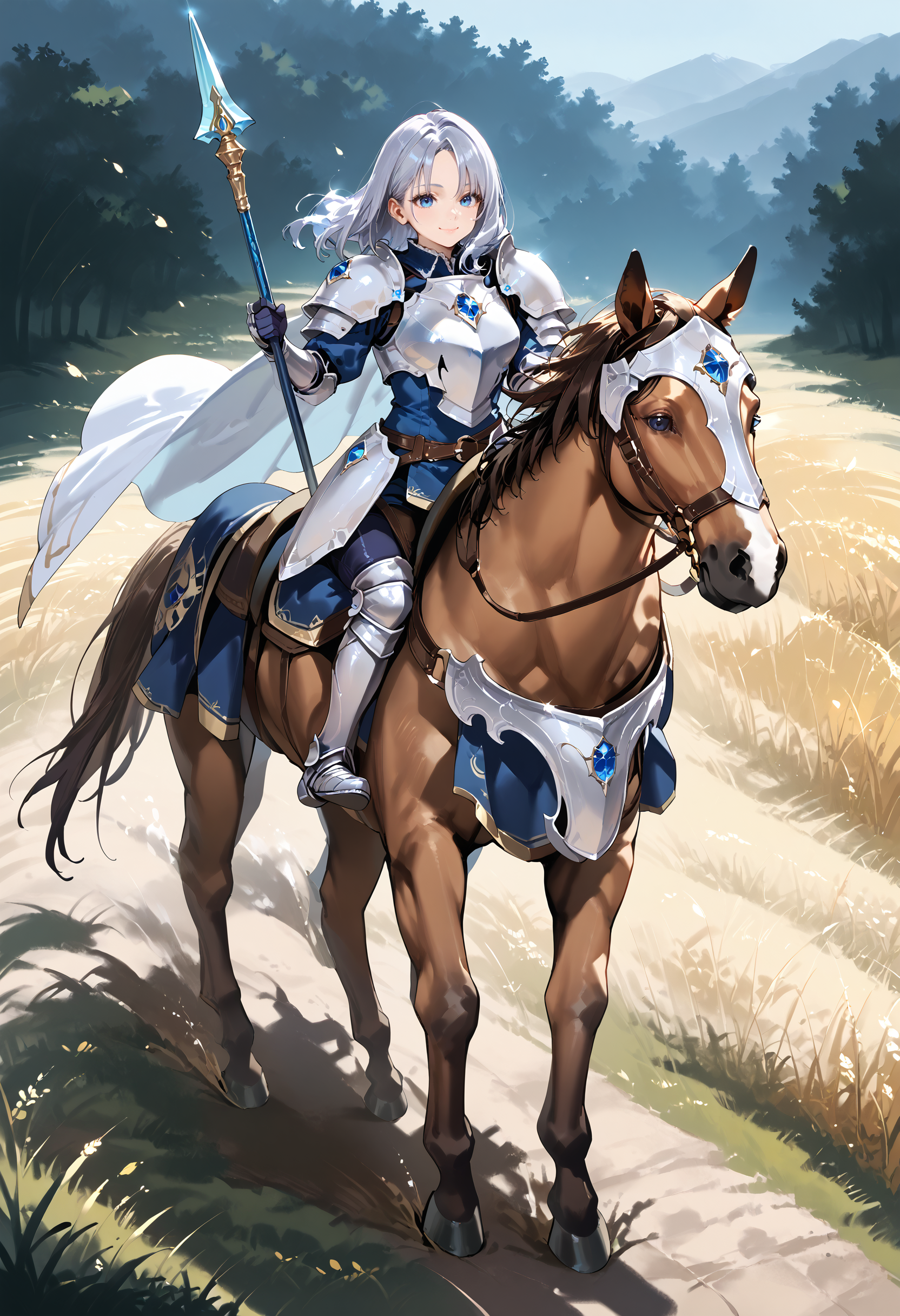 zPDXL3,extreme detailed,full_body BREAK nature,field,
<lora:Pony_DetailV2.0:1> BREAK 1girl,Cavalier,armor,cape,gloves,horse,horseback riding,(holding polearm:1.3),<lora:cavaliar-v3-pony:0.9>,smile,closed mouth,