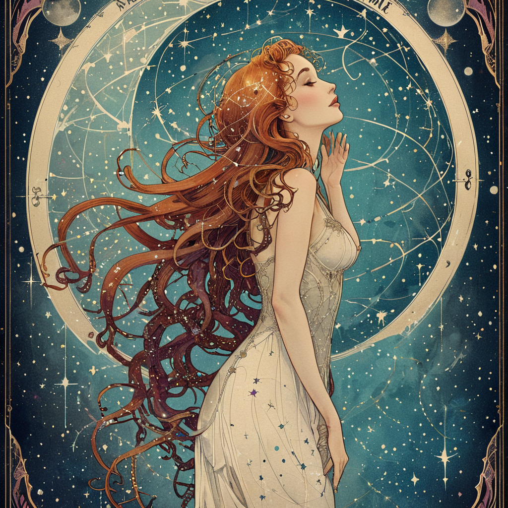 masterpiece, best quality,  <lora:add-detail-xl:1>  <lora:ArsMJStyleSDXL_-_Art_Nouveau:1> ArsMJStyle, Art Nouveau A theatrical poster for a symbolist play, featuring a mysterious feminine figure whose hair transforms into constellations. The text is integrated into the design with typical Art Nouveau typography.