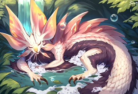 <lora:MH_Mizutsune_a1_3_PonyXL_spnckpt1_th-1.4>,<lora:PDXL_artist_tags_v2_big>,score_9,score_8_up,score_7_up,mizutsune,feral,by zackary911,by syuro,by hanuvo,solo,hi res,detailed background,forest,waterfall,
looking at viewer,closed eyes,yellow nose,bubbles,soap,(sleeping),(curled up),high-angle view,daww,resting head,