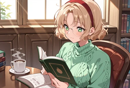 masterpiece, best quality, high quality, anime, solo, <lora:AEFuuillx:1>
AEFuuDef, green eyes, curly hair, light brown hair, parted bangs, short hair, glasses, rimless eyewear, round eyewear, red hairband,
green sweater, cable knit, library, reading, holding book, coffee mug, indoors, window, sitting, table, Sunlight, light rays, looking away, light smile, aran sweater,