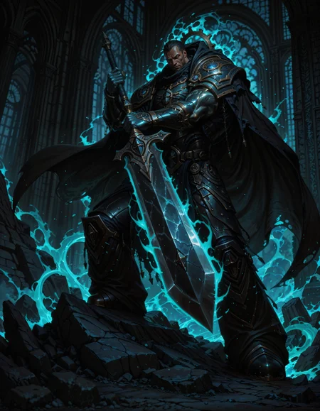 masterpiece, best quality,high quality, newest, highres,8K,HDR,absurdres, 1boy, iLLFerrusM40k, solo, armor, metallic arms, holding a sword, shadowy aura, ancient ruins, cursed weapon, tattered cape, battle stance, ethereal mist, detailed background, depth of field, dynamic pose, foreshortening, cinematic lighting, dramatic shadows, enchanted symbols, intricate magic patterns, deep color contrast, gothic architecture, dark theme, high fantasy setting., detailed background, dynamic pose, dynamic composition,dutch angle, detailed backgroud,foreshortening,blurry edges <lora:iLLFerrusM40k:1> <lora:iLLMythG0thicL1nes:0.8> G0thicL1nes