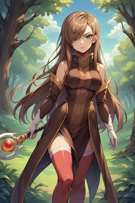 score_9, score_8_up, score_7_up, score_6_up, source_anime BREAK 1girl, solo <lora:teargrants-pdxl-nvwls-v1-000005:1> tgrants, brown hair, hair over one eye, brown dress, bare shoulders, detached sleeves, white gloves, red thighhighs, forest, blue sky, looking at you, medium breasts, holding staff, looking to the side, sunset