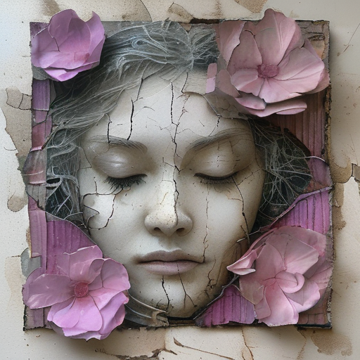 <lora:artfullyparched-v1-000014:1>,
old papert,aerial view,carved books,cracked,distressed edges,dreamy and romantic compositions,fine lines,in the style of broad palette knife marks,in the style of pale palette,in the style of rustic texture,letterboxing,organic sculpting,raw versus finished,rectangular fields,torn,whitewashed narratives,tarot art with flower carvings,apocalypse art,concept art,detailed rendering,dramatic,embossed paper,installation creator,light silver and light purple,light gray and magenta,neo-concrete art,this piece of art looks like a painted face,book art installations,dark white and light violet,daydreampunk,detailed textures,text-based mixed media,layered stencil work,in the style of floral surrealism,