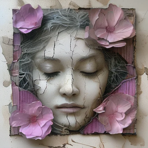 <lora:artfullyparched-v1-000014:1>,
old papert,aerial view,carved books,cracked,distressed edges,dreamy and romantic compositions,fine lines,in the style of broad palette knife marks,in the style of pale palette,in the style of rustic texture,letterboxing,organic sculpting,raw versus finished,rectangular fields,torn,whitewashed narratives,tarot art with flower carvings,apocalypse art,concept art,detailed rendering,dramatic,embossed paper,installation creator,light silver and light purple,light gray and magenta,neo-concrete art,this piece of art looks like a painted face,book art installations,dark white and light violet,daydreampunk,detailed textures,text-based mixed media,layered stencil work,in the style of floral surrealism,