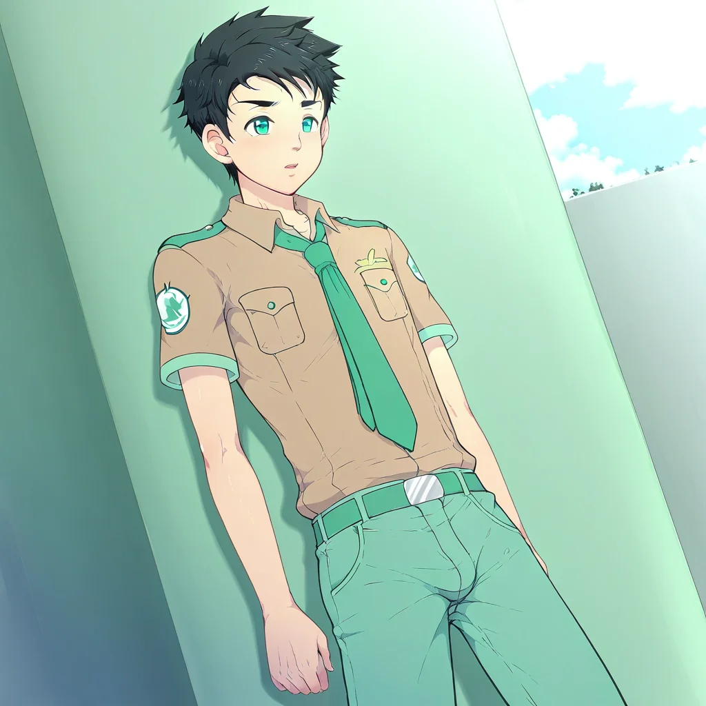 short hair, 1boy, black hair, male focus, mint color eyes, solo