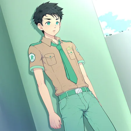 short hair, 1boy, black hair, male focus, mint color eyes, solo