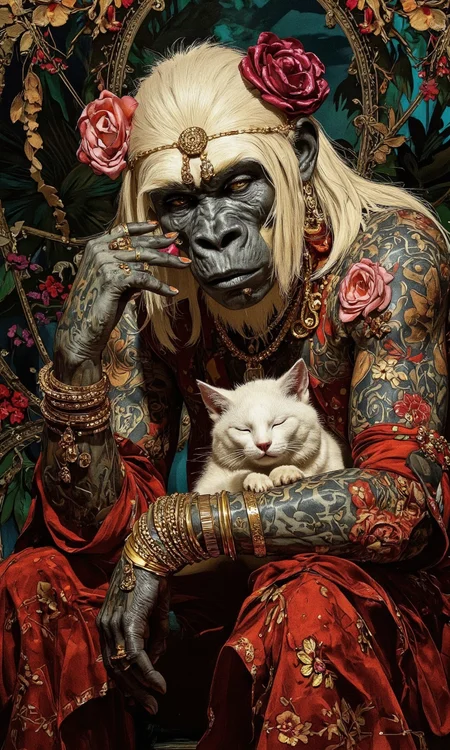 ZooPolis art. A surreal digital illustration shoot from a frontal camera angle about a muscular, anthropomorphic silver gorilla with intricate tattoos and floral accessories sits in a lush, green background filled with vibrant foliage. the image also shows a white, fluffy cat sleeping peacefully in the arms of the silver gorilla. on the middle of the image, a silver-haired, adult male, with a serious expression, appears to be sitting with his upper body facing the viewer. he is wearing a red, floral-patterned outfit with gold jewelry, including bracelets, earrings, and necklaces, and has a flower crown on his head. the silver-skinned male has a slim body and is holding the white cat close to his chest. the background is filled with lush green foliage and vibrant flowers, creating a fantasy and otherworldly atmosphere.