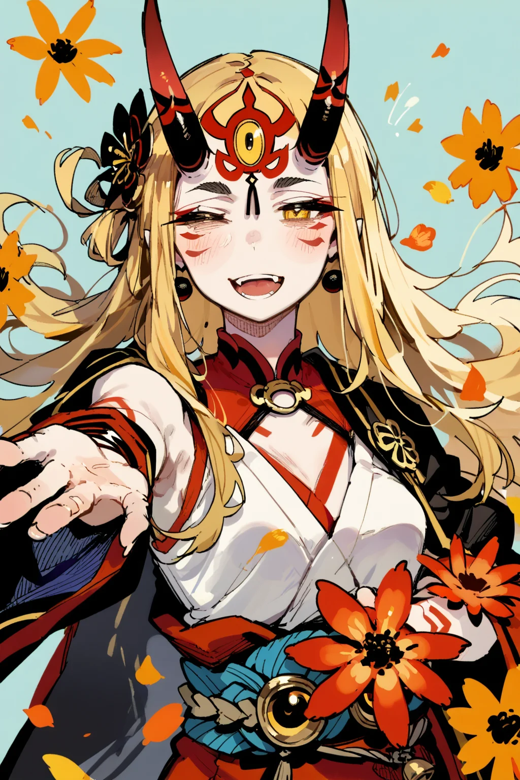 score_9, score_8_up, score_7_up, ibaraki_douji \(fate\), pale skin, blonde hair, ,third eye, yellow eyes , long hair, body marks, facial marks, oni,, solo, solo focus, cowboy shot, simple background, Reaching out to touch a flower, exuding wonder and appreciation., <lora:karasu_raven:1>âââ