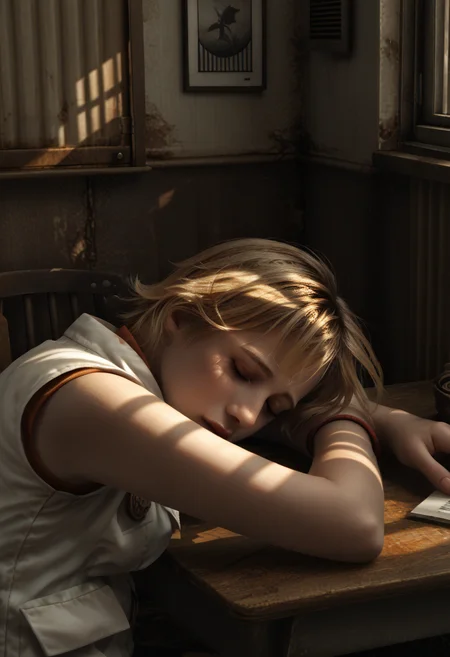 score_9, score_8_up, score_7_up, <lora:sh3warm:1.5> sh3warm, warm light, dappled light, orange light, (red light:1.3), blinds, <lora:Heather_Silent_Hill_3:0.5> sh3heather, blonde hair, sleeveless, vest, <lora:dark:0.3> <lora:head_rest_arm_rest_pony_1:1.3> head rest arm rest, realistic, sleeping
