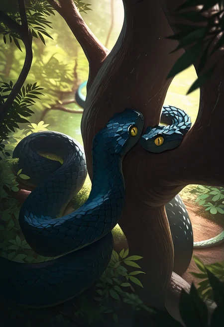 masterpiece, best quality, very aesthetic, ambient lightning, depth of field, cinematic illumination, SViper, ((feral, snake, serpent)), viper, spiny scales, (black scale), split pupils, sitting in a tree, tree, jungle, leaves, view from above, (anatomy correct),