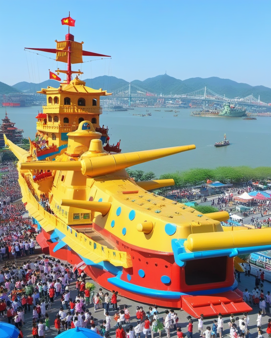 battleship,  flying, Spring Festival, dragon, Tourists <lora:BATTLESHIP:0.7>