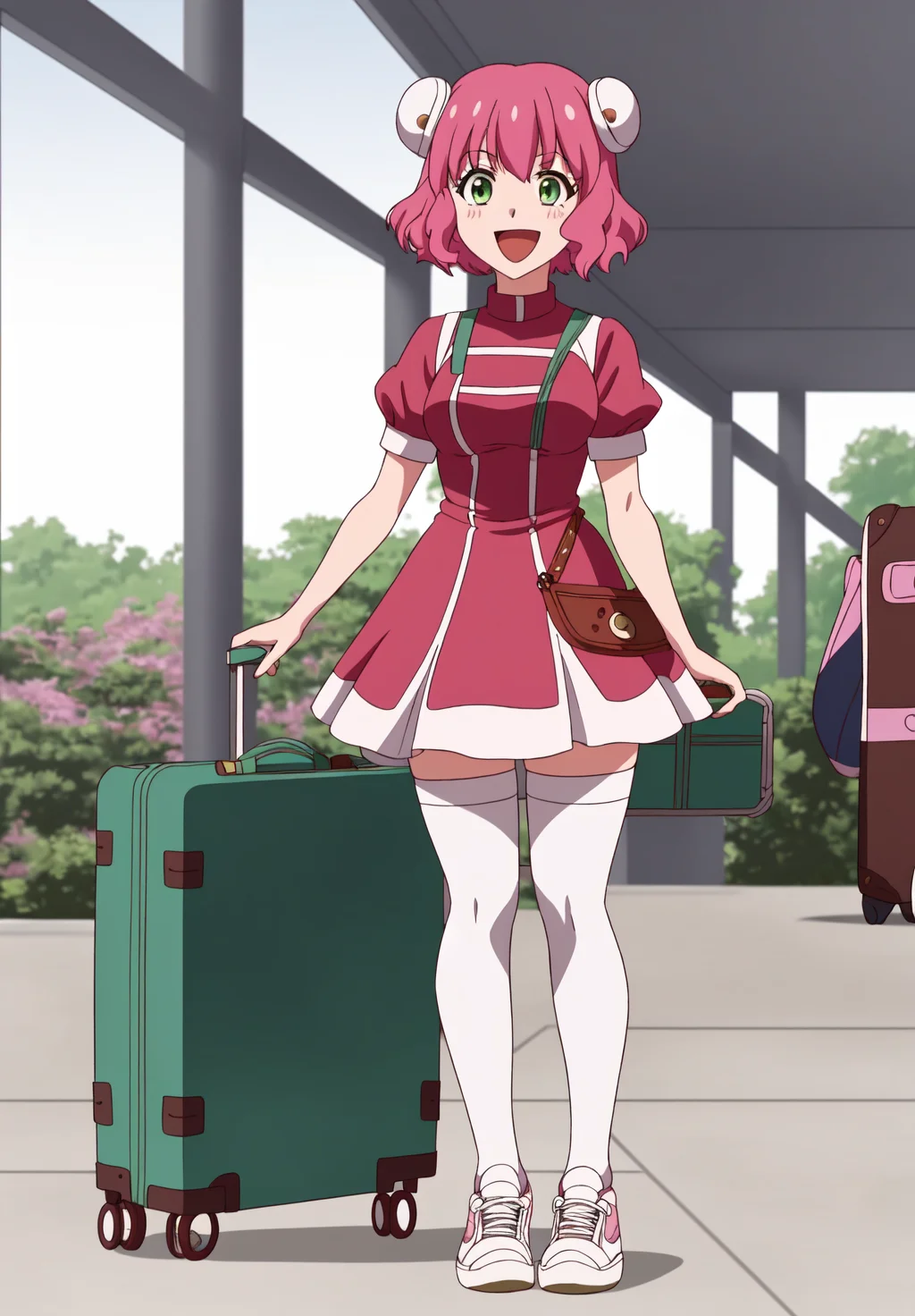 <lora:Aries_Spring:0.6>, Aries_Spring, 1girl, solo, green eyes, Aries_Spring, 1girl, solo, smile, open mouth, skirt, thighhighs, dress, shoes, bag, hair bun, white thighhighs, zettai ryouiki, double bun, sneakers, v arms, bun cover, anime coloring, luggage, rolling suitcase, ibaraki kasen