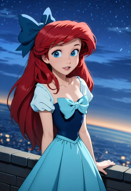 Anime, redhead Ariel, original style, (blue bow in hair), night time, looking the stars