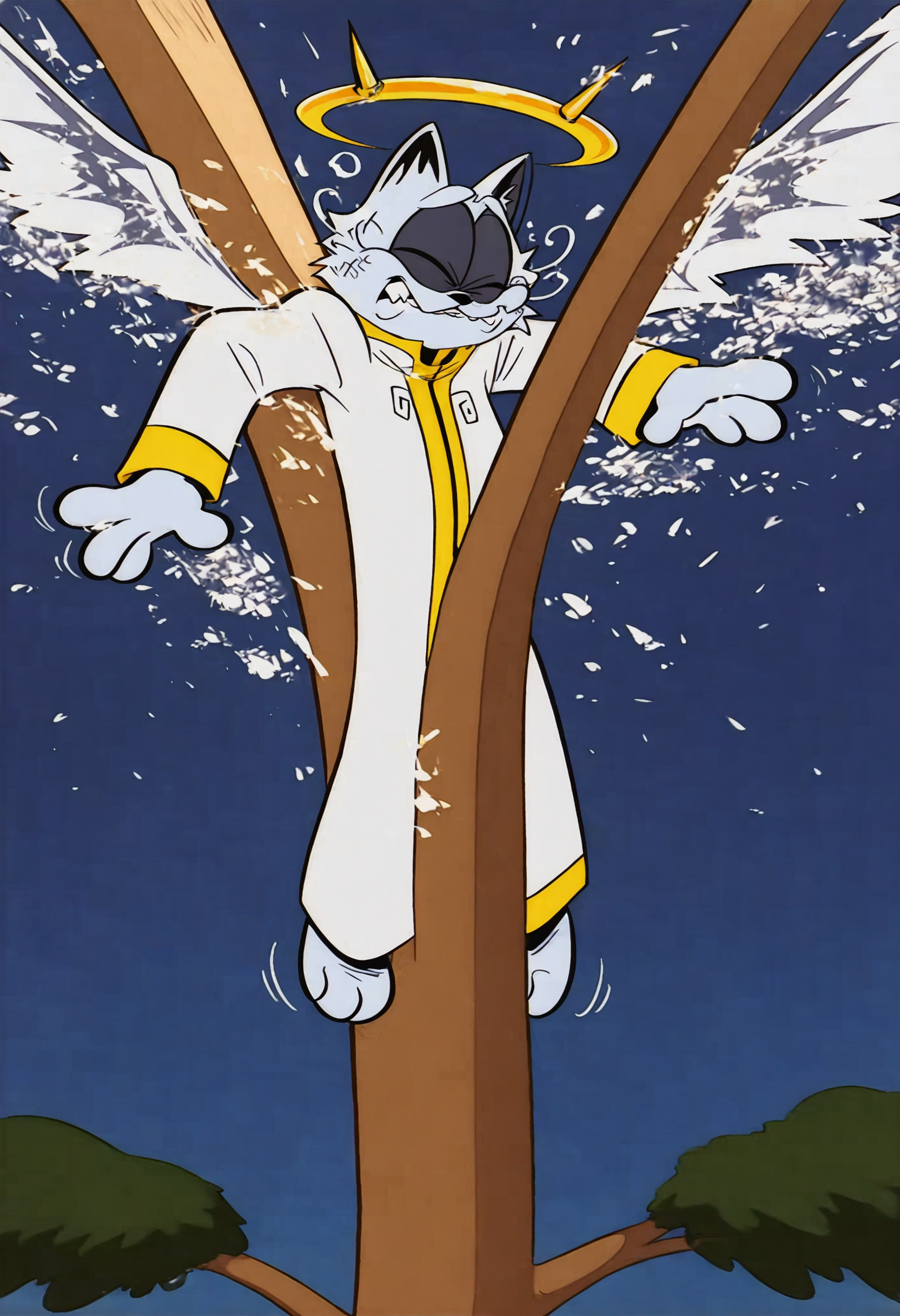 <lora:Godfield_illustrious-000015:1.0>, <lora:tom-riding-treeV2:1>, score_9, score_8_up, score_7_up, masterpiece, best quality, 1boy, solo, anthro, furry, tom-riding-tree,separated tree,huge teeth,clenched teeth,speed lines,spread legs,closed eyes,long legs,on spread branch,stuck in branch,(fall),outstretched arms, BREAK, no humans, godfield, cat ears, solo, black sclera, yellow eyes, white fur, robe, yellow accents, halo, wings,