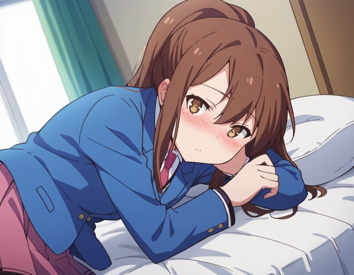 score_9, score_8_up, score_7_up, source_anime,
nanamiaoyama, <lora:nanami-aoyama-s1-ponyxl-lora-nochekaiser:1>,
nanami aoyama, long hair, bangs, brown hair, hair between eyes, brown eyes, ponytail, sidelocks,
skirt, school uniform, jacket, pleated skirt, necktie, blazer,
indoors, bed, bed room, on side, blush, drunk,
looking at viewer, cowboy shot, solo, dutch angle