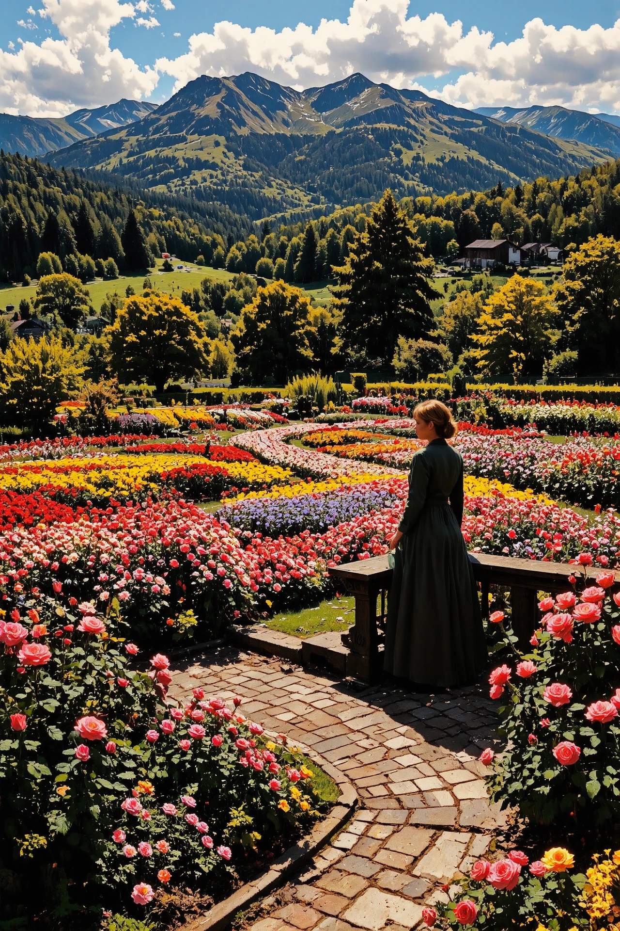 (rose garden) Swiss beautiful landscape,  day, woman, intricate, very detailed, sharp, colorful, multilayer paint, <lora:Hand v2:1> <lora:Anti-Blur:1> <lora:Insane Detail Slider:0.5>   <lora:Flux.1_Turbo_Detailer:0.6> <lora:flux-photo-transparent_Alpha_1.0:0.8> <lora:flux.1_lora_flyway_Epic-detail_v2:0.6> <lora:Painterly01b_CE_FLUX_AIT:0.8> pntrlyCE_style, <lora:VividlySurreal:0.8>