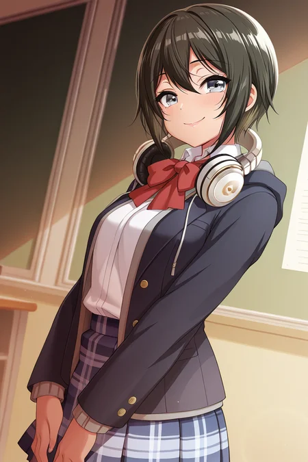 masterpiece, best quality, amazing quality,
 <lora:Maho_IL:1> maho, 1girl, solo, skirt, school uniform, jacket, headphones around neck, smile, plaid, red bow, shirt, short hair, black hair, plaid skirt, looking at viewer, bow, white shirt