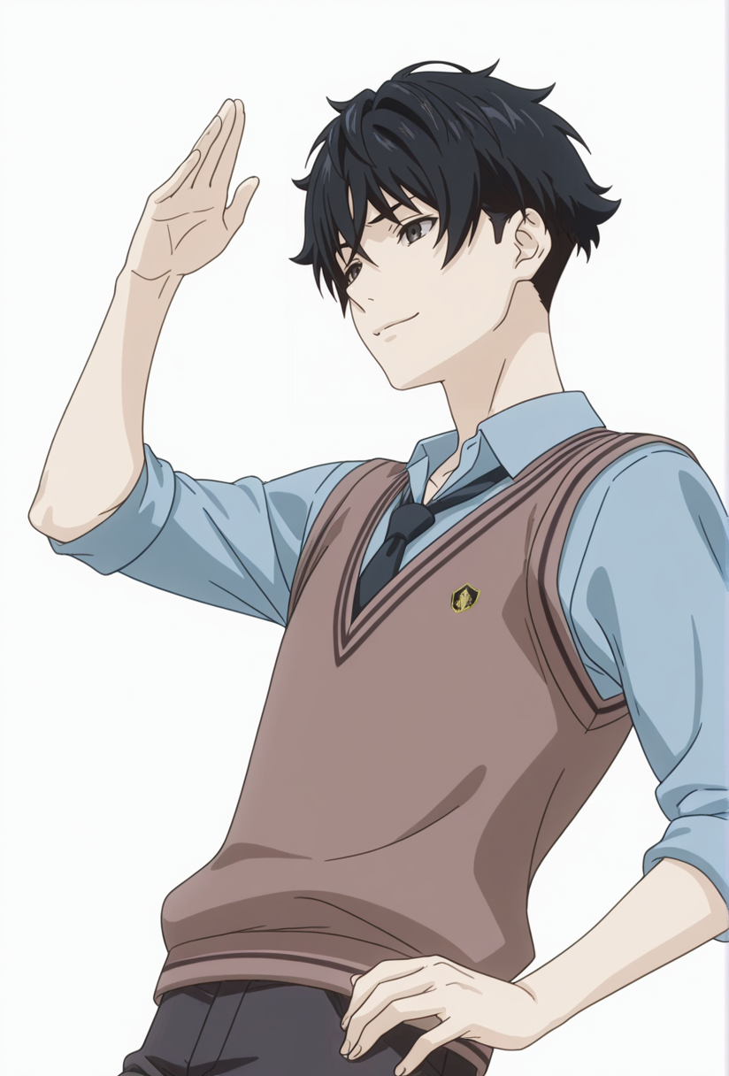 Smooth Quality,masterpiece,very intricate, high quality details, ultra realistic, high detailed skin,detailed enviorement,absurdres,
simple background, white background,solo,
from below,dancing, 
sad smile,
 <lora:FoodWCNN:0.8> foodwarstylecnn,
 asahi_cnn, 1boy, black eyes, black hair, short hair, blue shirt, brown vest, collared shirt, necktie, pants, sleeves rolled up, sweater vest