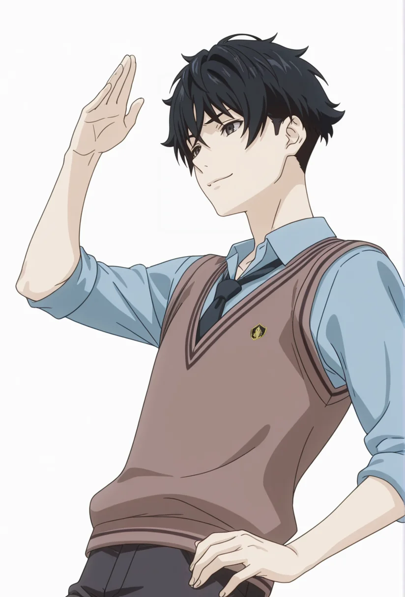 Smooth Quality,masterpiece,very intricate, high quality details, ultra realistic, high detailed skin,detailed enviorement,absurdres,
simple background, white background,solo,
from below,dancing,
sad smile,
<lora:FoodWCNN:0.8> foodwarstylecnn,
asahi_cnn, 1boy, black eyes, black hair, short hair, blue shirt, brown vest, collared shirt, necktie, pants, sleeves rolled up, sweater vest