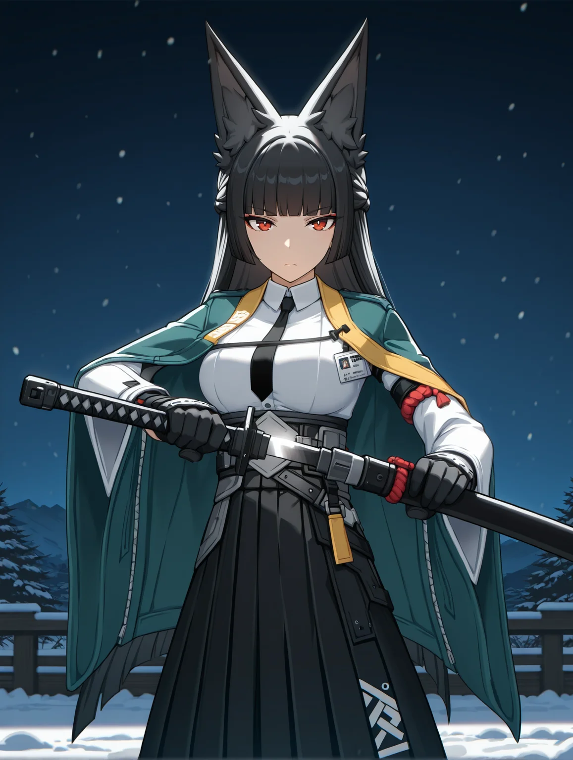 <lora:yanagi-miyabi-zzz-illustrious:1> miyabi, red eyes, green jacket, necktie, black necktie, white shirt, id card, hakama skirt, pantyhose, katana
1girl, solo, unsheathing, serious, snow, night, dramatic, cinematic lighting, masterpiece, best quality