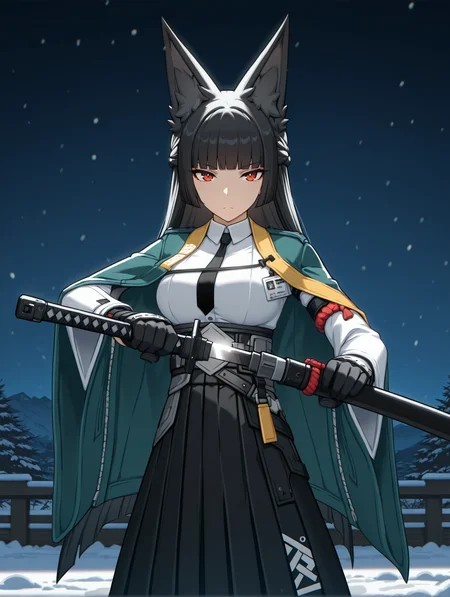 <lora:yanagi-miyabi-zzz-illustrious:1> miyabi, red eyes, green jacket, necktie, black necktie, white shirt, id card, hakama skirt, pantyhose, katana
1girl, solo, unsheathing, serious, snow, night, dramatic, cinematic lighting, masterpiece, best quality