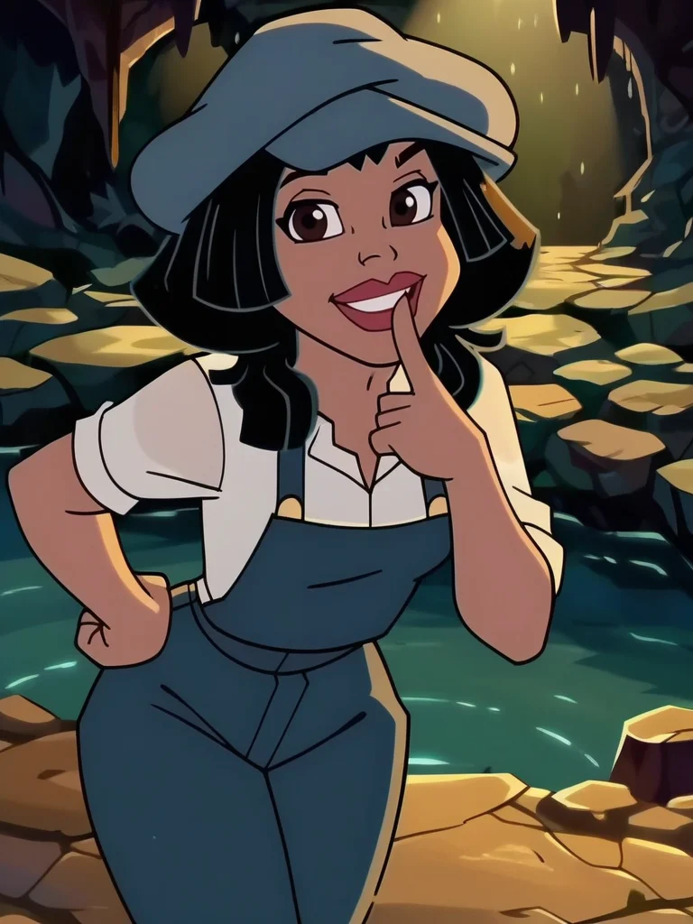 score_9, score_8_up, score_7_up, 1girl, leaning forward, v, hands on hips, cavern, rocks, water, detailed background, detailed background, smile, looking at viewer, smile, cowboy shot, (dynamic pose:1.1), dynamic angle, finger to mouth, sexually suggestive, from above,
<lora:AudreyRocio_character:0.85>, AudreyXLP, black hair, short hair, hat, blue overalls, white shirt, lipstick, dark skin, anime screencap,