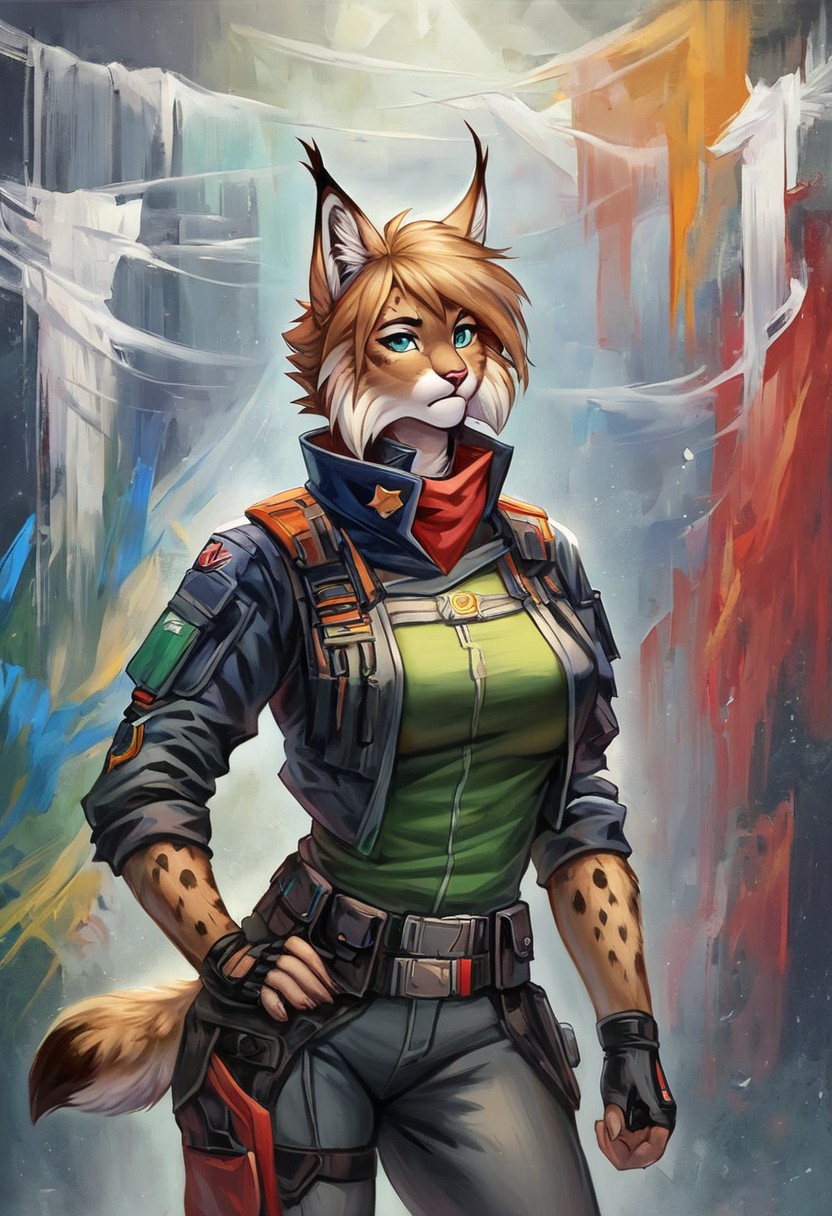 Score 9, Score_8_up, Score_7_up, ng_deepnegative_v1_75t, negative_hand, charturnerv2, knee-deep portrait of adult female,  banners, starship, high technology, shirt, fingerless gloves, soldier uniform,, , anime, Arknight provens, detailed background, cyberpunk, bandana,, furry,  lynx species,  lynx tail, lynx ears, muscle,