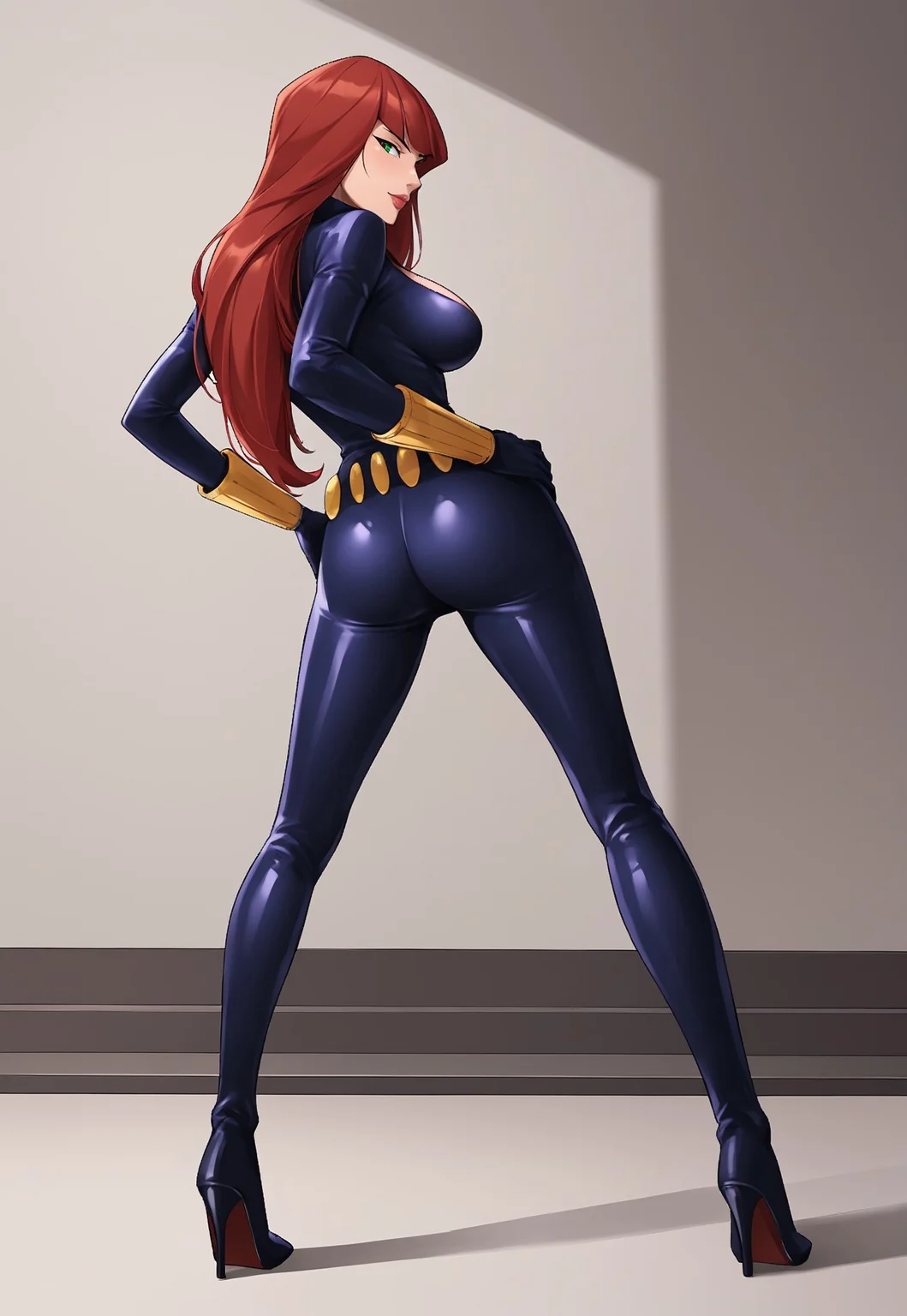 safe_pos, PonyScores6 BREAK (((style parody)), perfect anatomy, perfect eyes, cowboy shot, from behind), BREAK natasha romanoff, red hair, long hair, bangs, green eyes, lipstick, raised eyebrow, flirting, sultry eyes, ((looking back at viewer)), cleavage, bodysuit, gloves, belt, high heels, large breasts, curvy, toned, athletic, sexually suggestive pose, standing, arched back, hands on hip, indoors