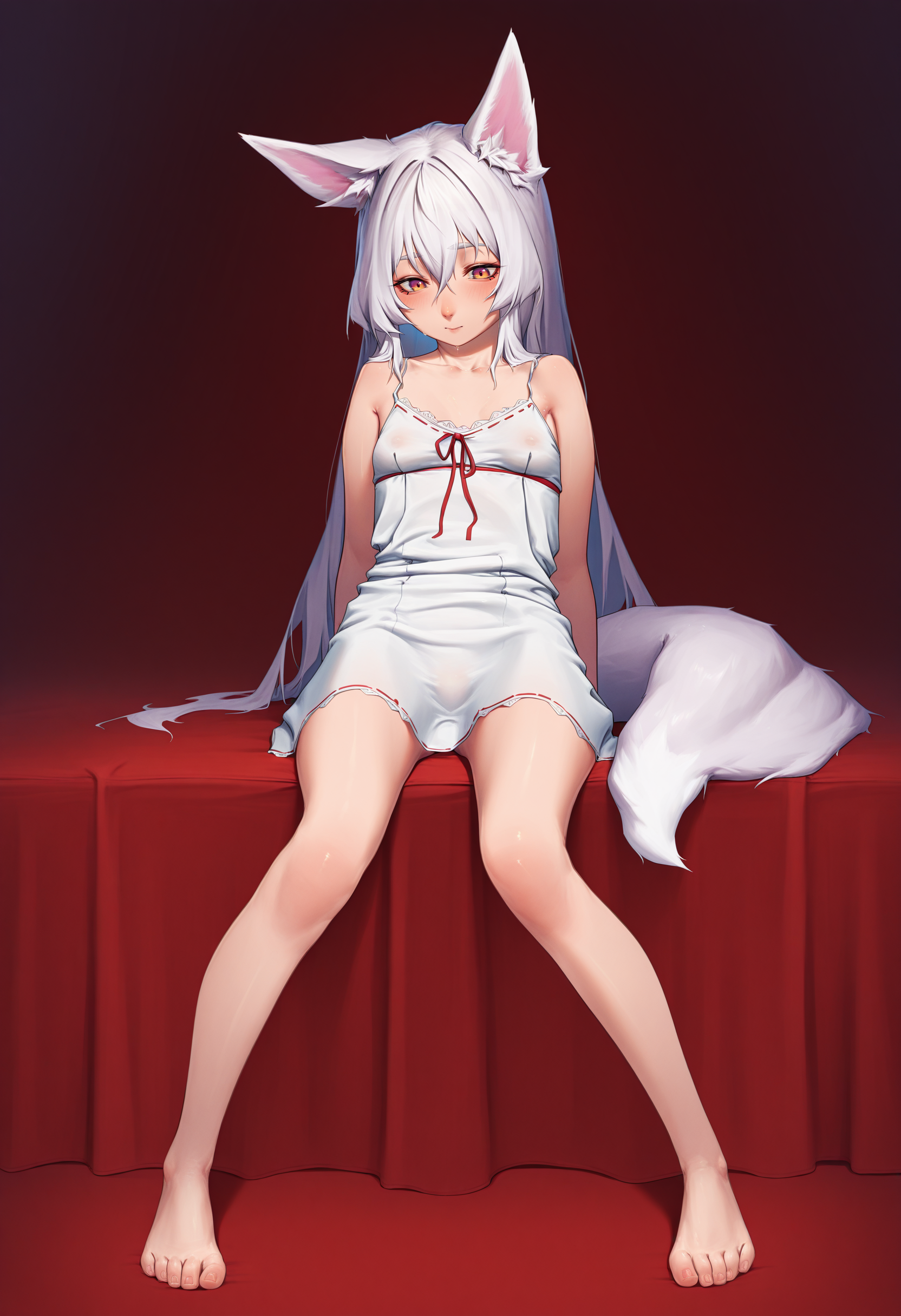 <lora:beeeeen_r1:1>,beeeeen, masterpiece, absurdres, highres,amazing quality, best quality, extremely detailed, 8k,full body, 1girl, small breasts, white hair, fox ears, white dress, barefoot,