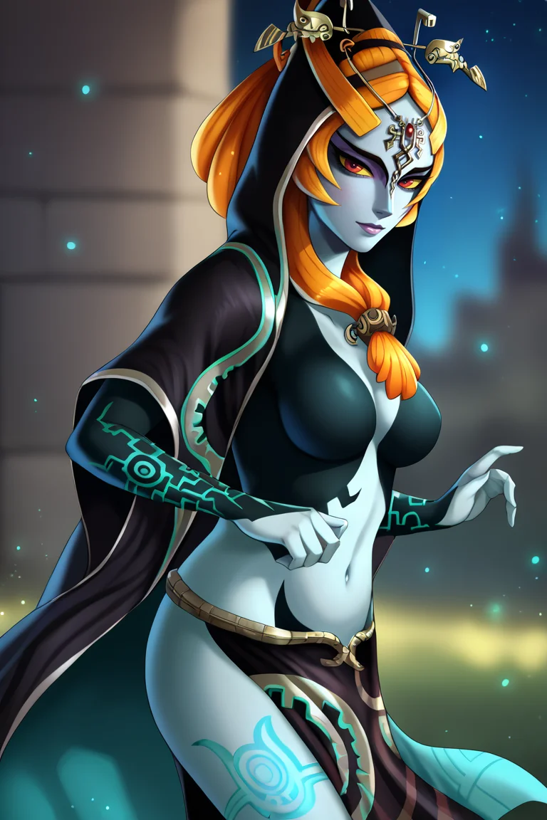 score_9, score_8_up, score_7_up, BREAK, <lora:shadmanPONYXL-guy-v101:1>, 1girl, solo, breasts, looking at viewer, <lora:Midna_XL_PD_V6:0.9>, midnatrue, colored sclera, multicolored skin, two-tone skin, front ponytail, forehead jewel, hair ornament, hood, cloak, half-skirt, night sky, outdoors, depth of field, light particles,