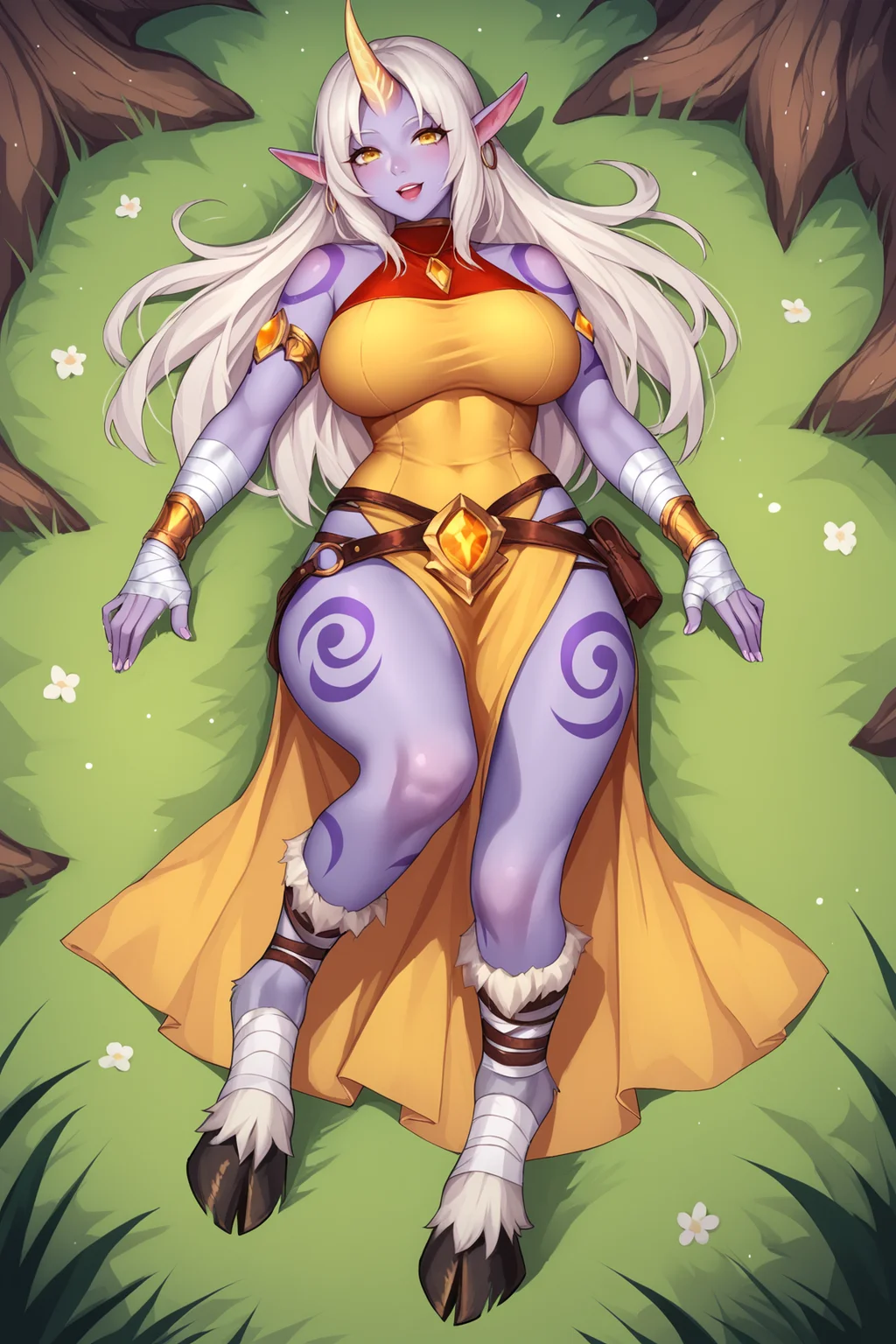 score_9, score_8_up, score_7_up, score_6_up, BREAK, SorakaLoLXLv2, purple skin, colored skin, white hair, long hair, sidelocks, yellow eyes, pointy ears, single horn, full-body tattoo, large breasts, bare shoulder, yellow jewel, (red cropped torso), yellow dress, armlet, bandaged arm, belt, goat hooves, solo, lying on grass, seductive smile, looking at viewer, forest, tree <lora:SorakaLoLXLv2:0.8>