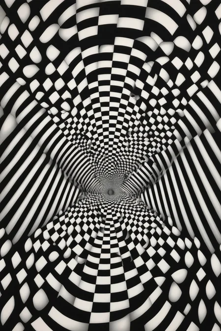 <lora:Op Art:1>Op Art - radial symmetric optical illusions, congregation of Swirling faces