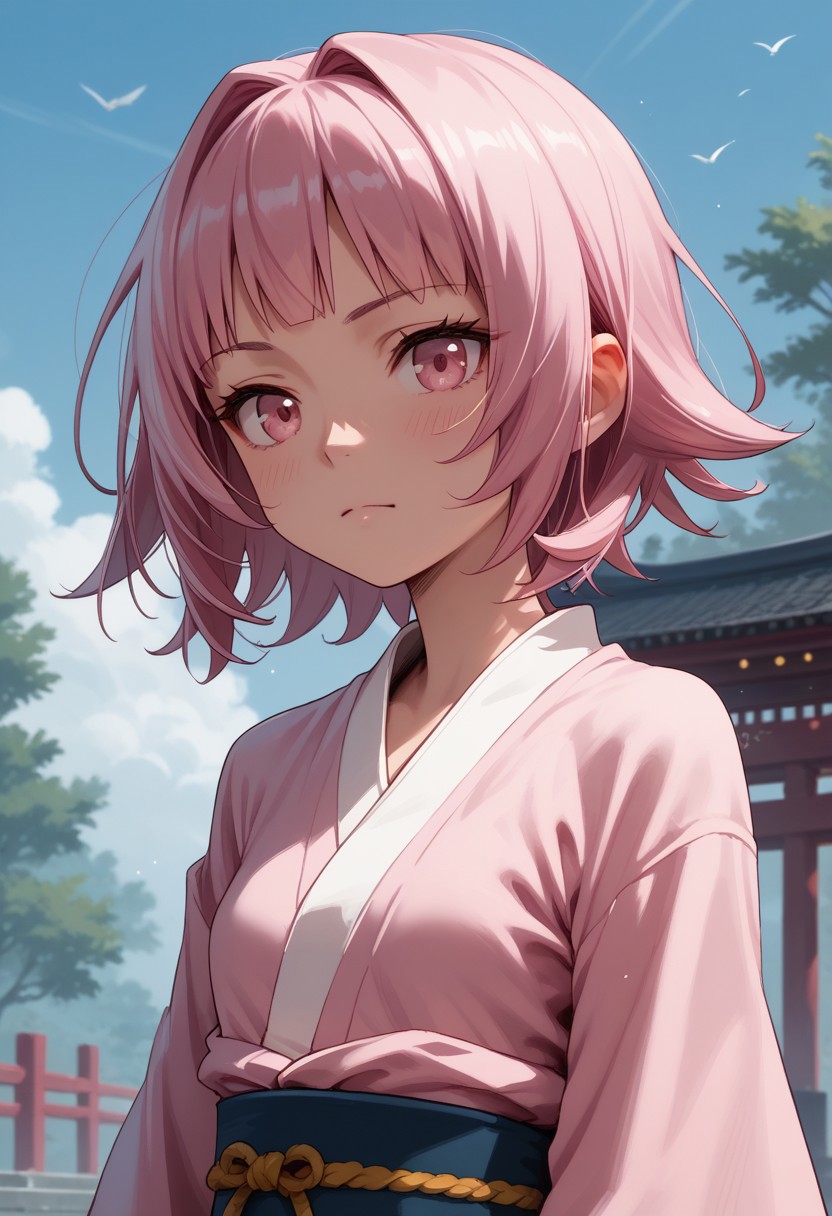 ,score_9, score_8_up, score_7_up, score_6_up, score_5_up,(solo:1.9),1girl, 
BREAK
Tamao Tamamura , pink hair, pink eyes, short hair, (small breasts),pink kimono, 
BREAK
Prades blue sky